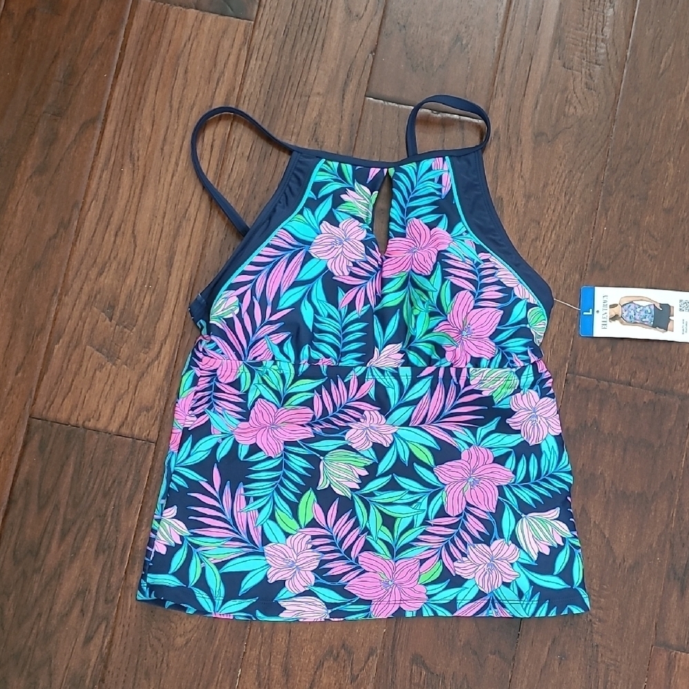 NWT Ellen Tracy Navy & Pink Floral Swim Top with adjustable straps Size Large
